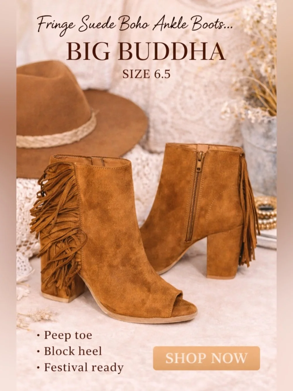 Big Buddha Suede Fringe Ankle Boots Peep Toe Block Heel Tan