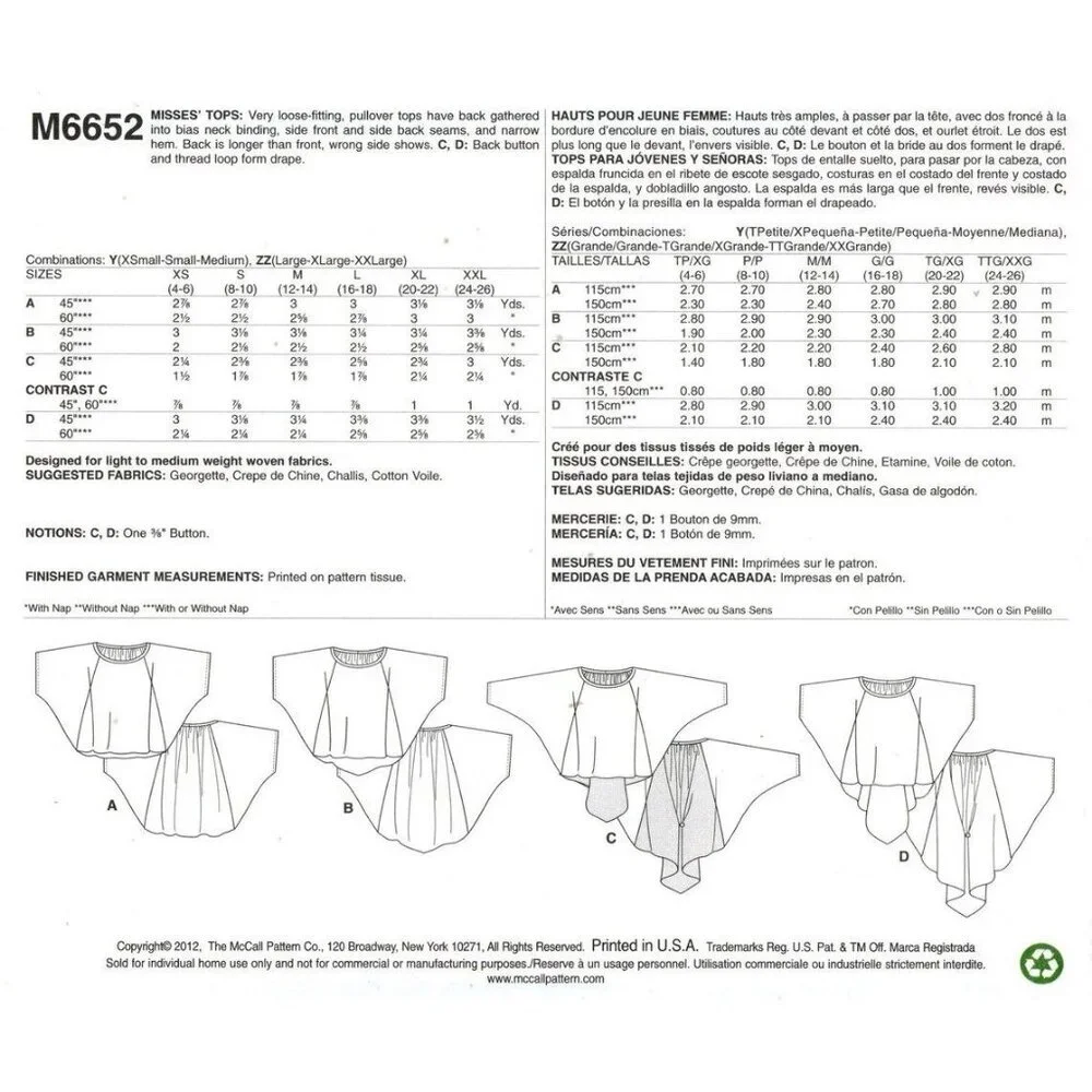 McCalls‎ Sewing Pattern M6652 Misses Pullover Tops Hem Variations Sizes XS-MED