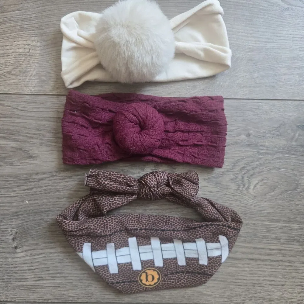 ​LOT OF 3 Baby Bling Bows Headbands Football Cream Pom Maroon Cable Knit Infant