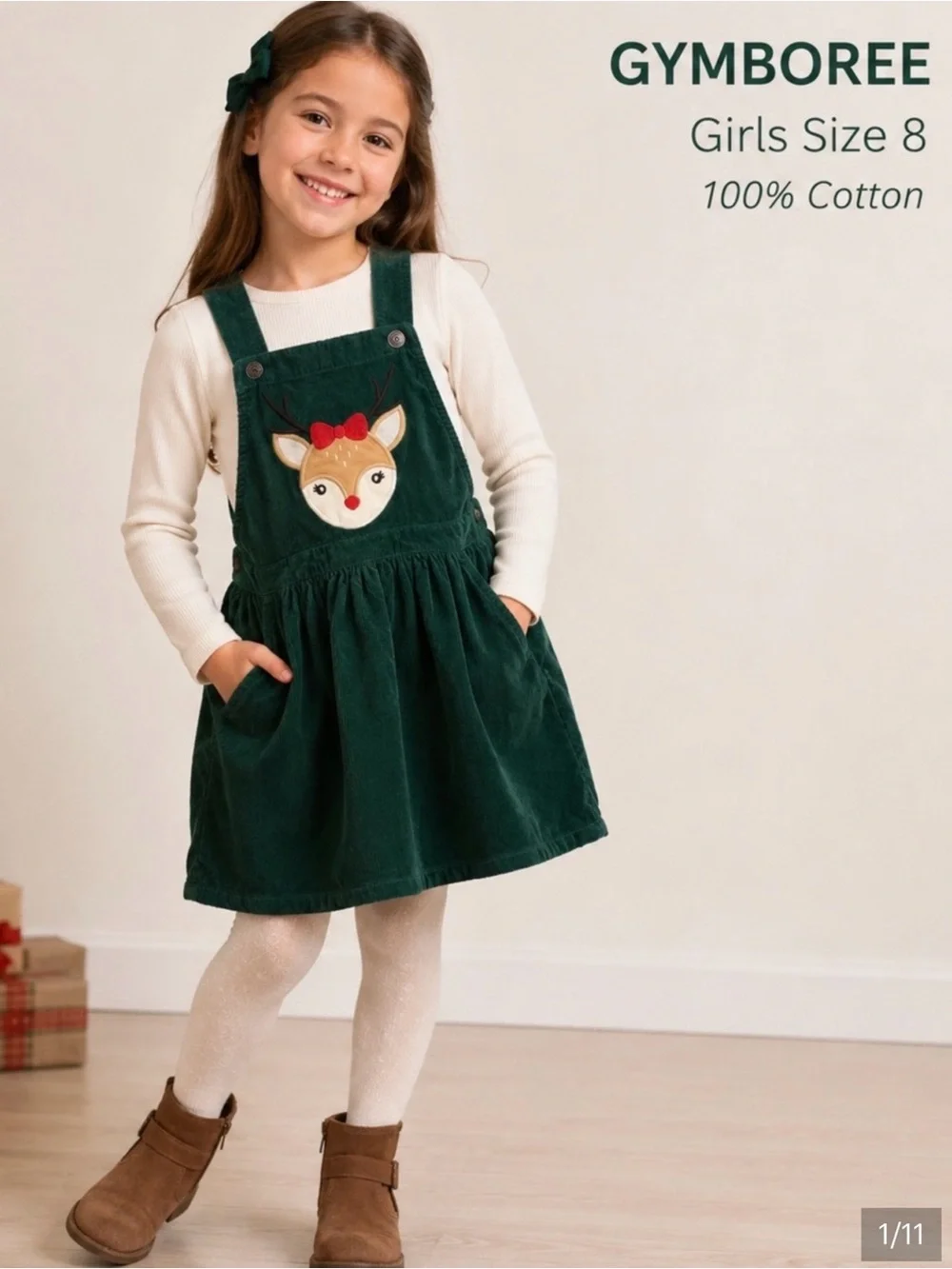 Bundle of 2 Gymboree Girls Corduroy Jumper Dresses Size 8 Owl & Reindeer Holiday