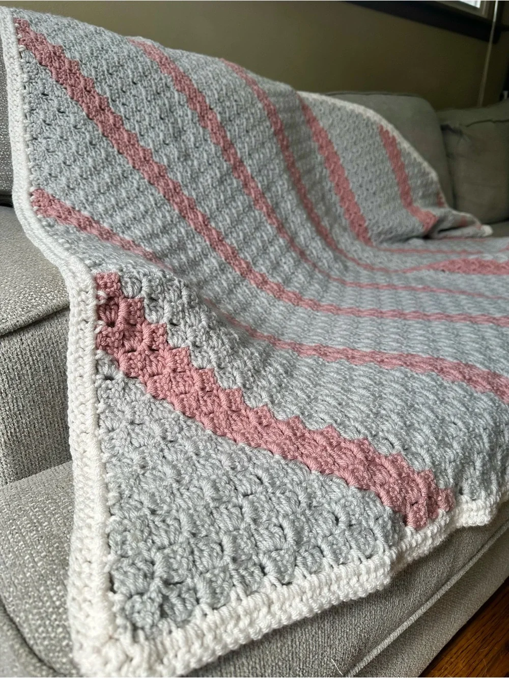 Hand Crocheted Gray Throw Blanket w Pink Accent Stripes White Border Baby Crib