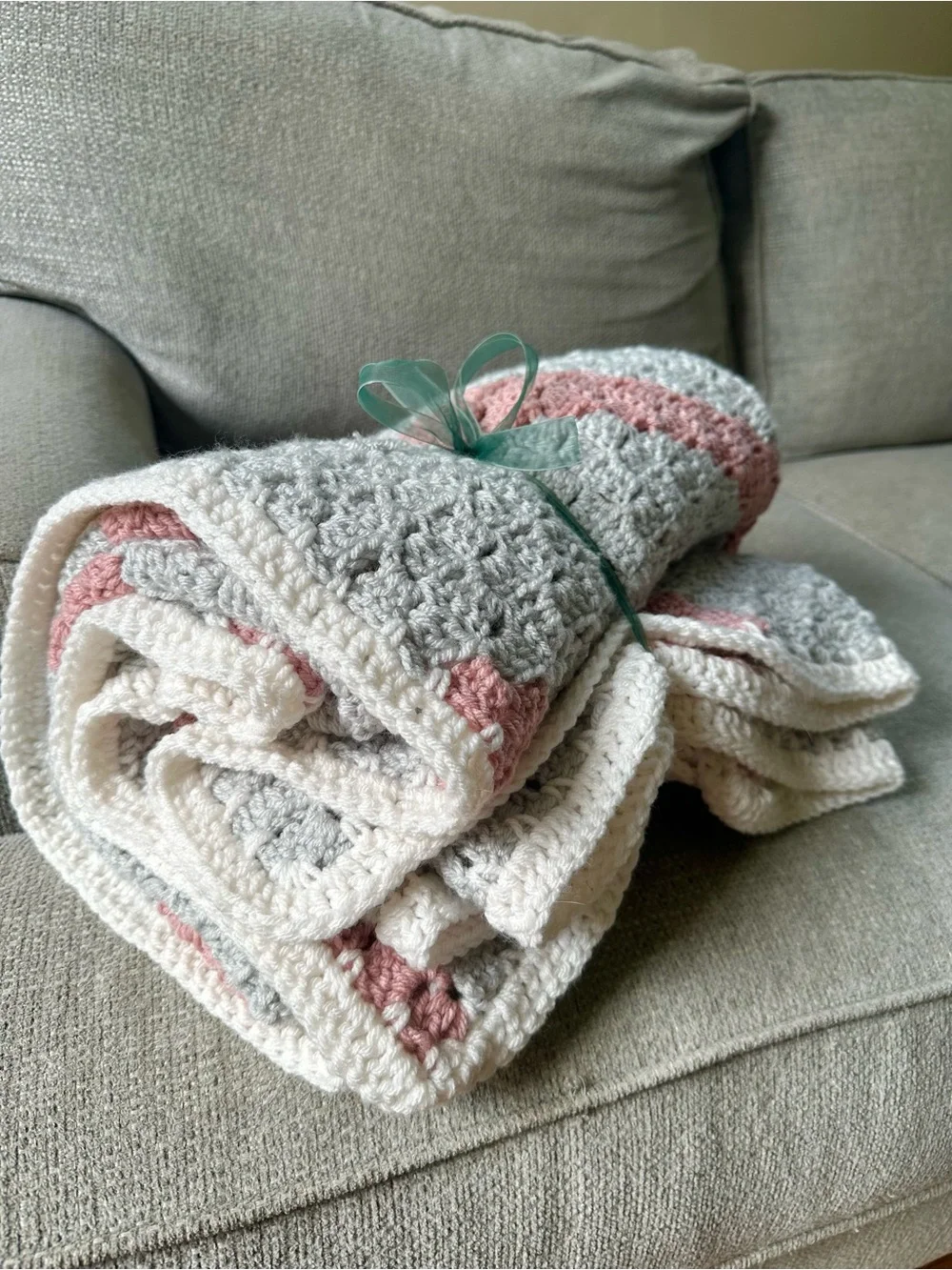 Hand Crocheted Gray Throw Blanket w Pink Accent Stripes White Border Baby Crib