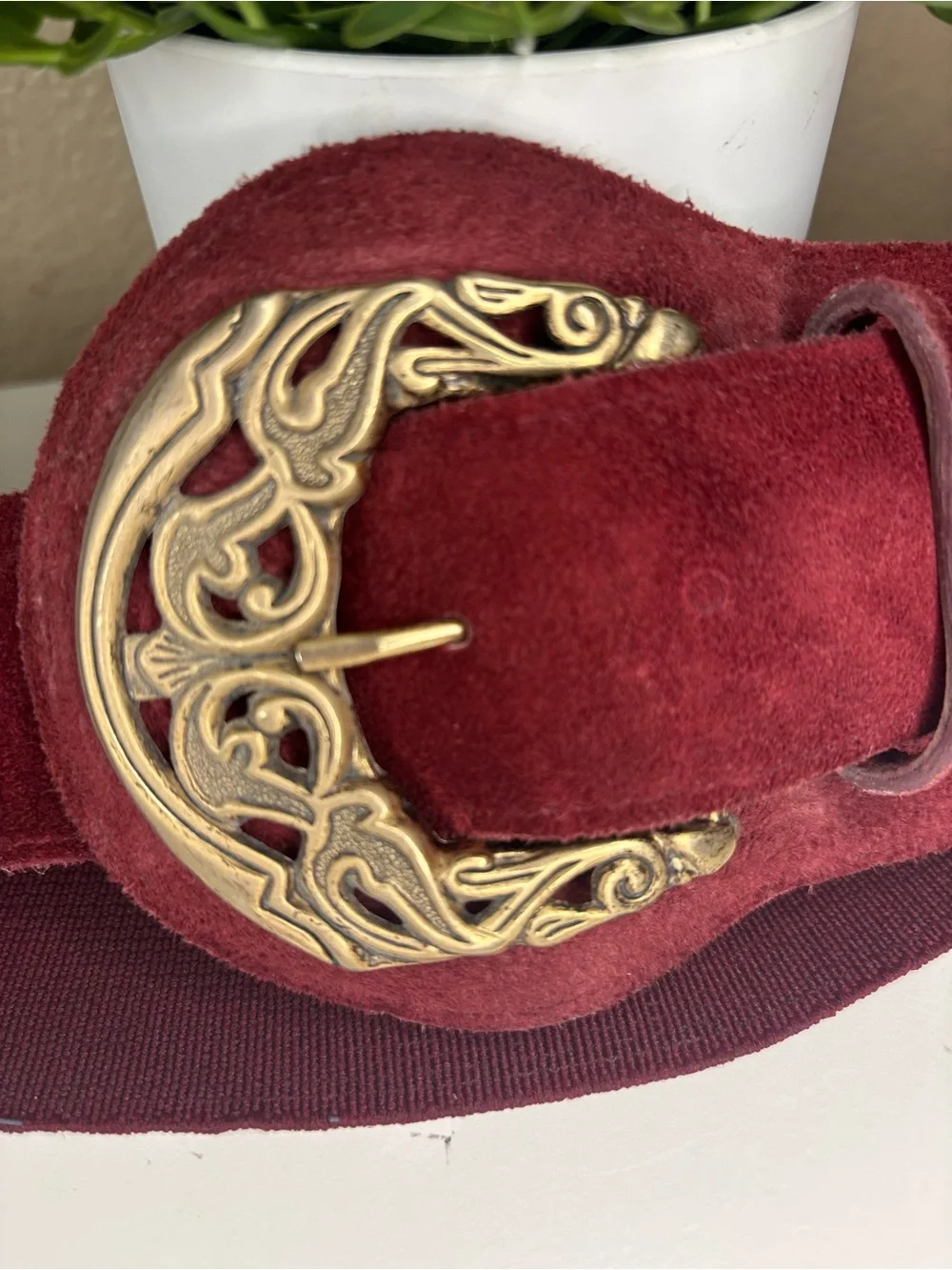 Wide Suede genuine leather Belt with Ornate Gold Buckle - BurgundyL/M
