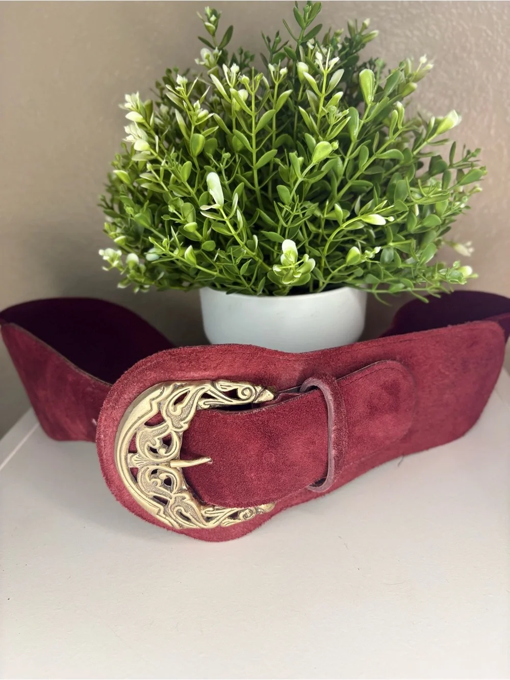 Wide Suede genuine leather Belt with Ornate Gold Buckle - BurgundyL/M