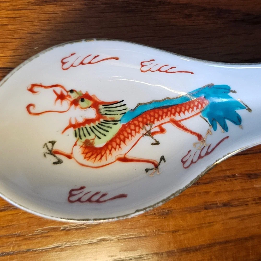 Vintage Made in Japan Porcelain Dragon Soup Spoons Set of 2 Red Teal Gold Trim