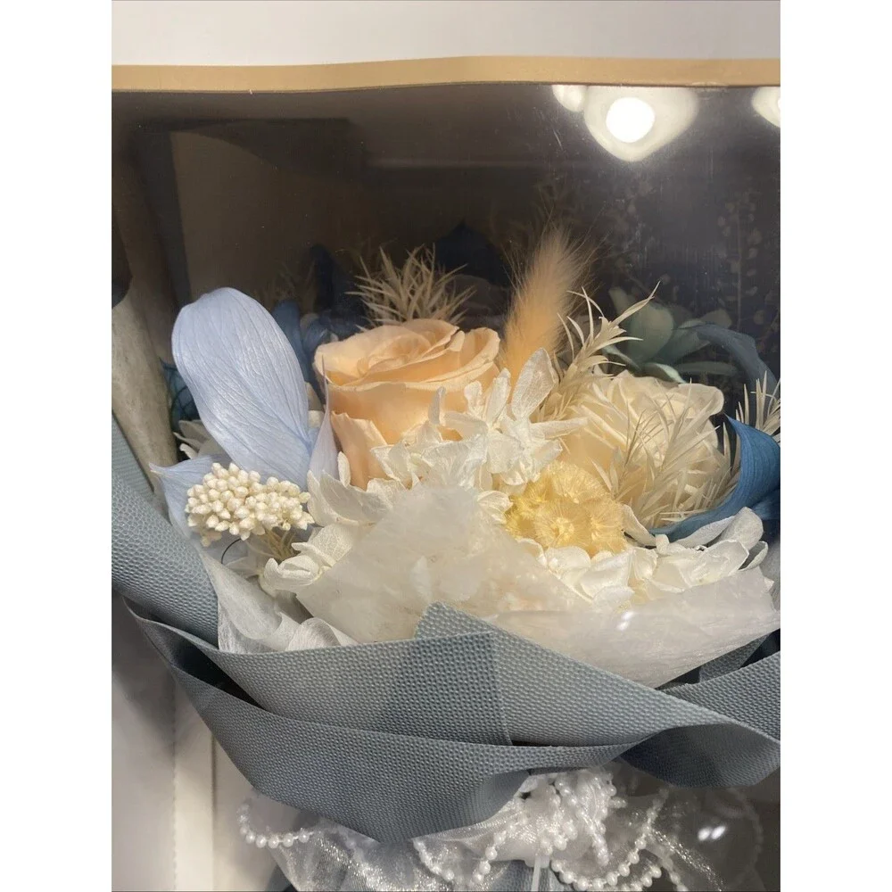 New Bouquet with Realistic Silk Flowers, real dried rose Blue Pink Wedding Bride