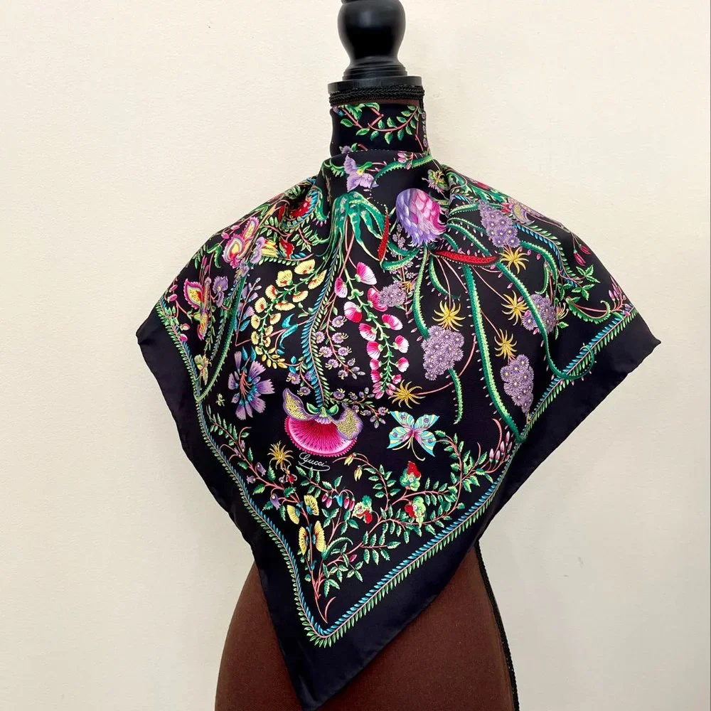 Display #3 Gucci Floral Black Green Multicolor Flora Silk Scarf Wrap