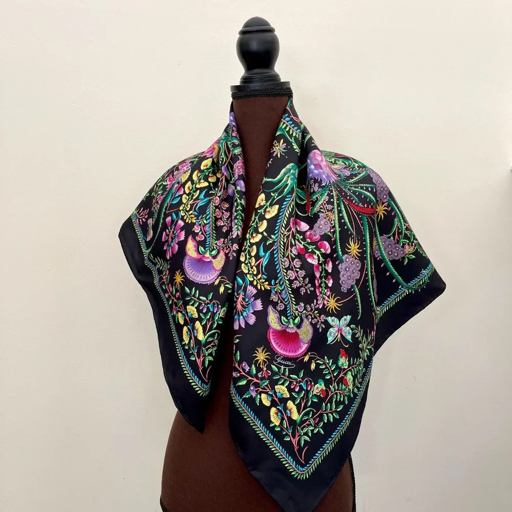 Display #3 Gucci Floral Black Green Multicolor Flora Silk Scarf Wrap