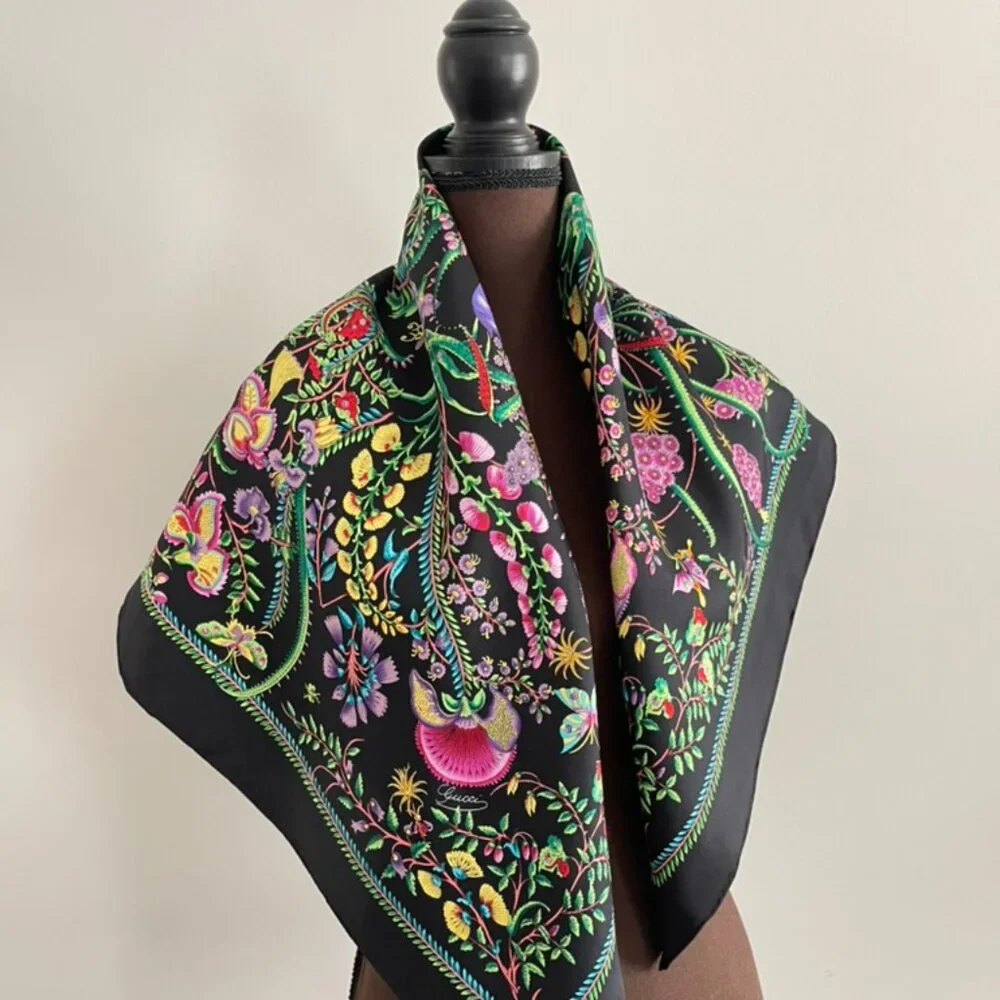 Display #3 Gucci Floral Black Green Multicolor Flora Silk Scarf Wrap