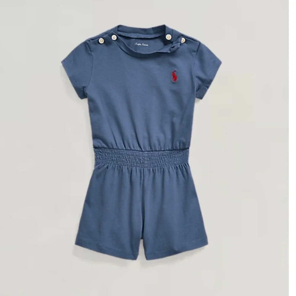 Ralph Lauren Baby Girls Blue Cotton Red Pony Cap Sleeve‎ Playsuit Romper 12M