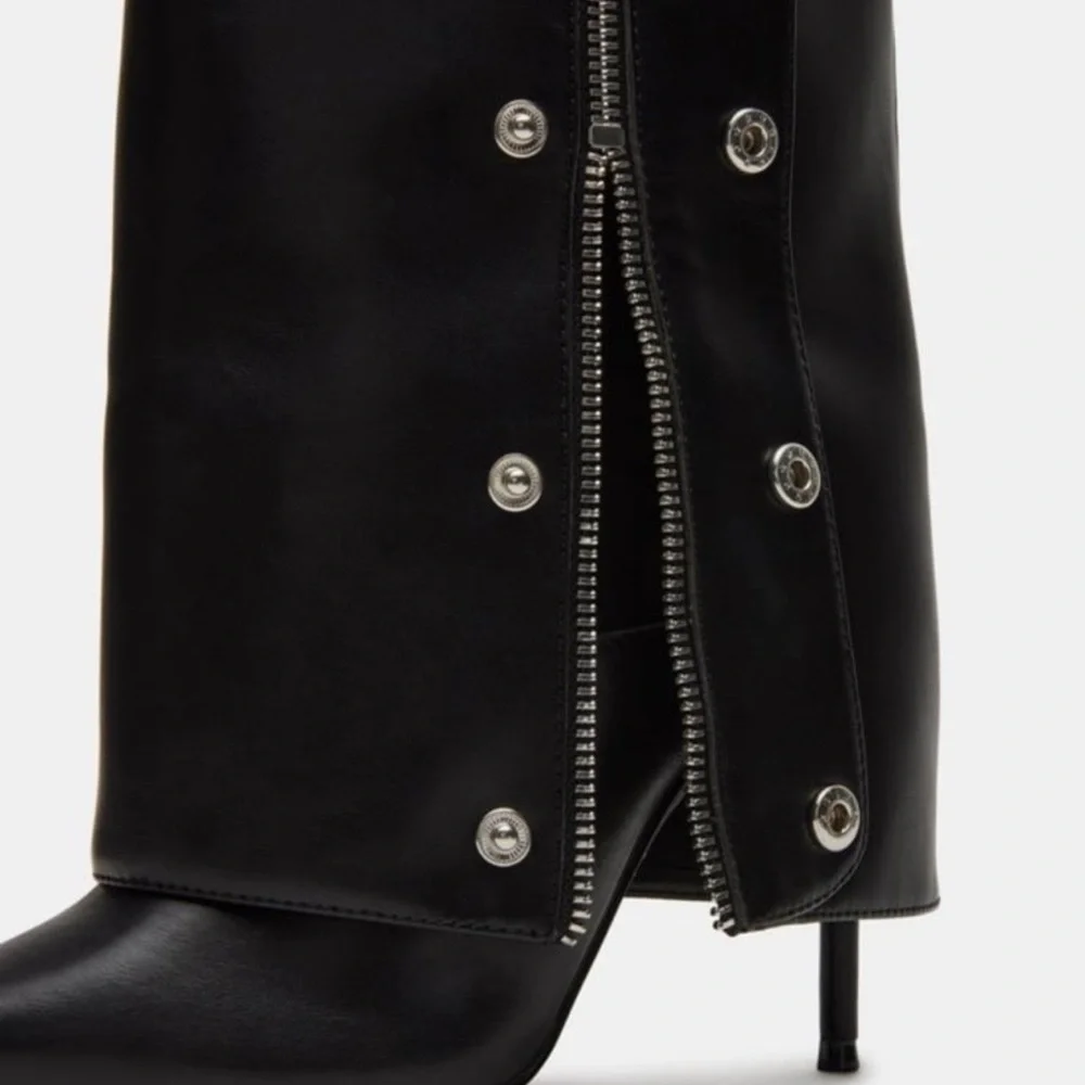 Steve‎ Madden Stone Black Leather Knee-High Women's Heeled Buttoned Boots