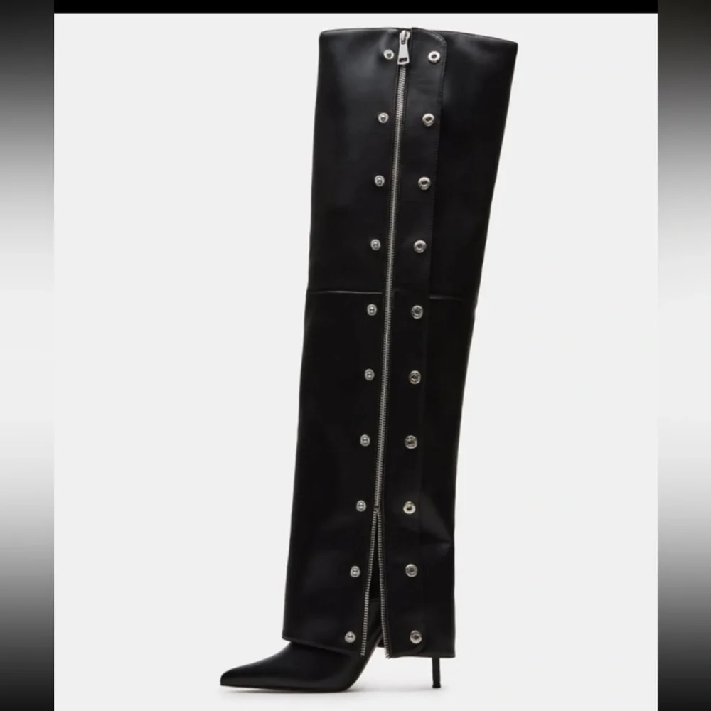 Steve‎ Madden Stone Black Leather Knee-High Women's Heeled Buttoned Boots