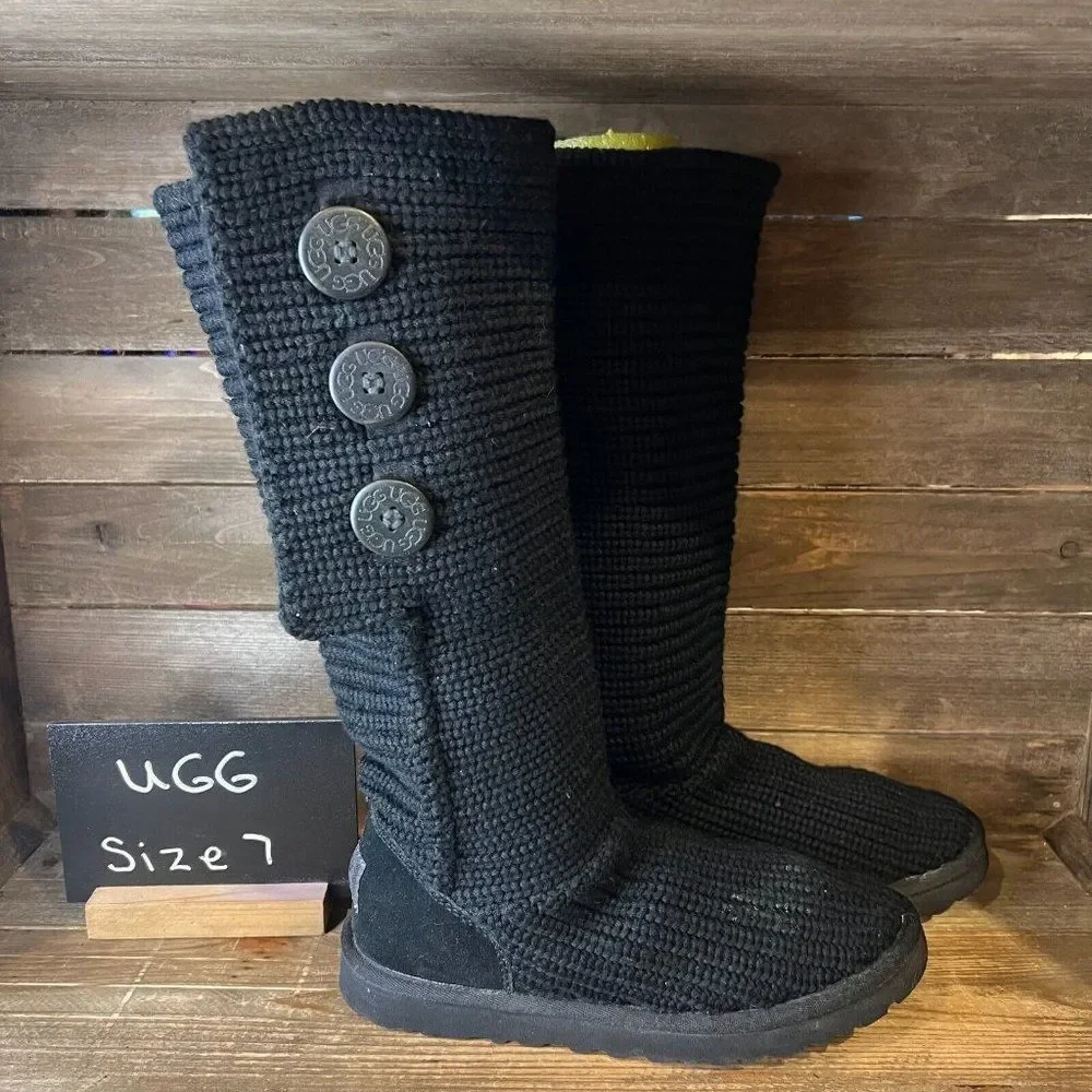 Womens UGG Cardy 5819 Black Knit Tall Foldover Button Boots Shoes Size 7‎ M GUC