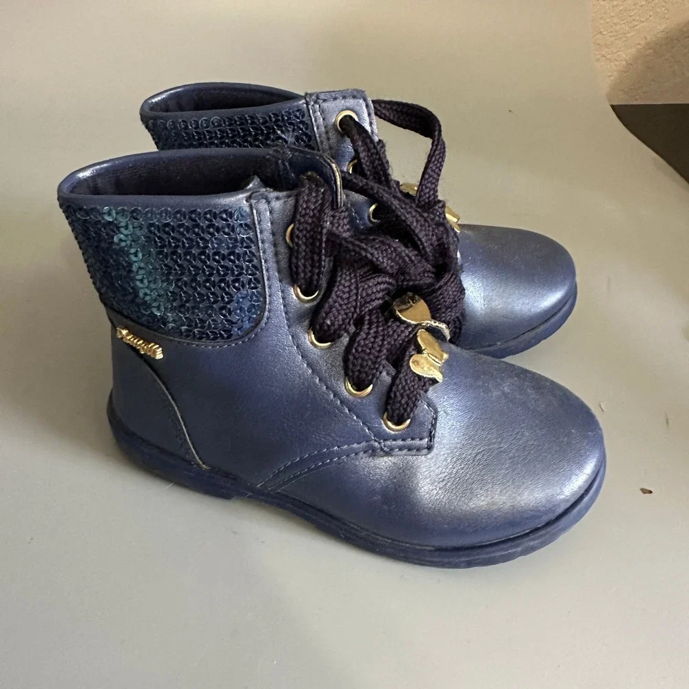 Pampili Girls Navy Blue Metallic Sequin Lace Up Ankle Boots Gold Charms Zipper