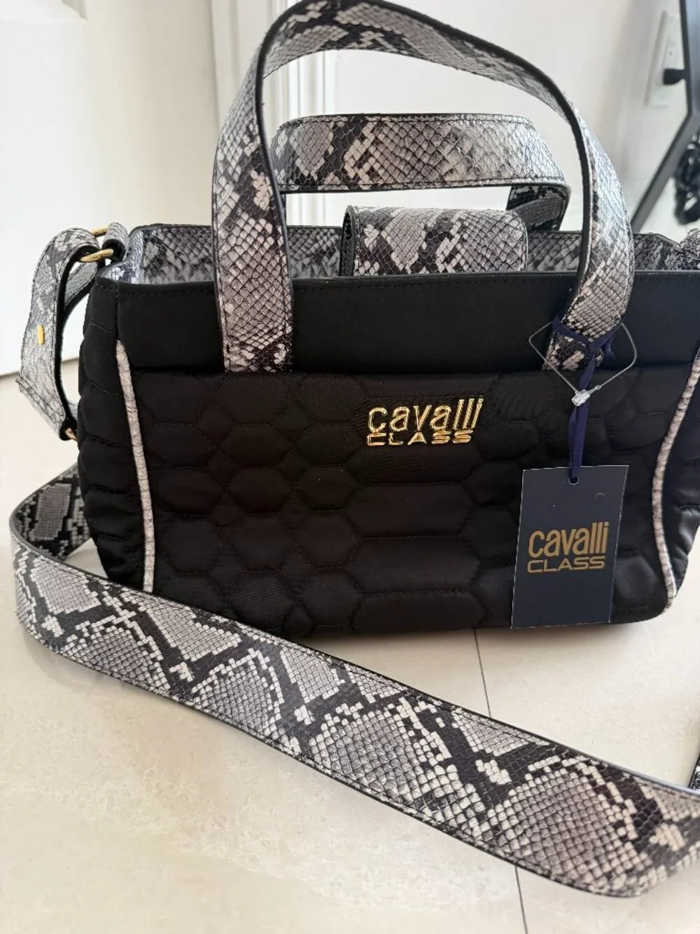 Cavalli Class Milano RMX Crossbody Satchel/Handbag – Black Leopard Accent