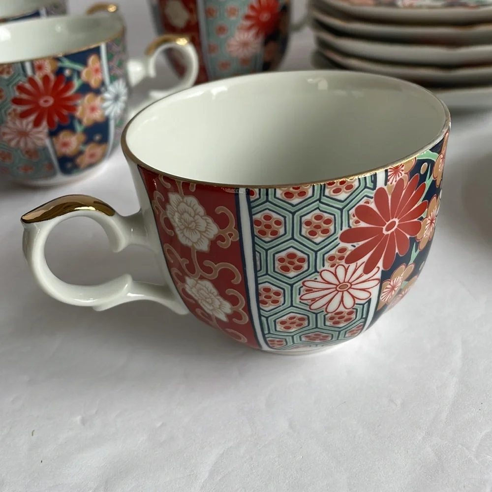 Arita Imari Fan 7 cups six saucers vintage