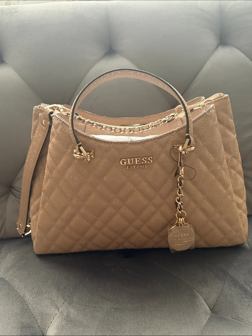 GUESS Quilted Satchel in Taupe with Gold Hardware