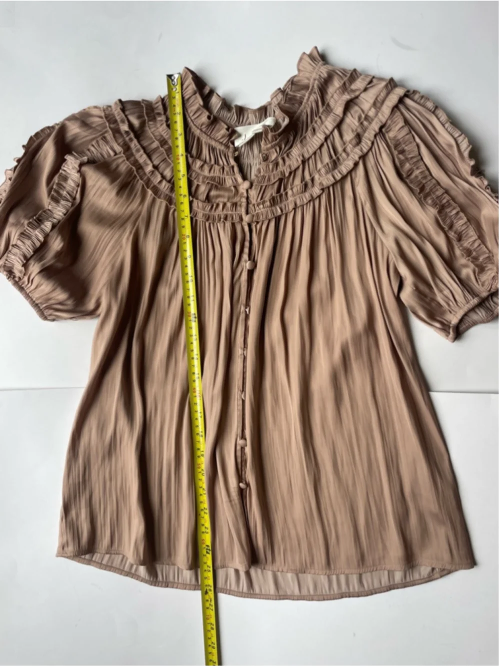 Anthropologie Pleated Ruffle Blouse – Taupe | Size Small