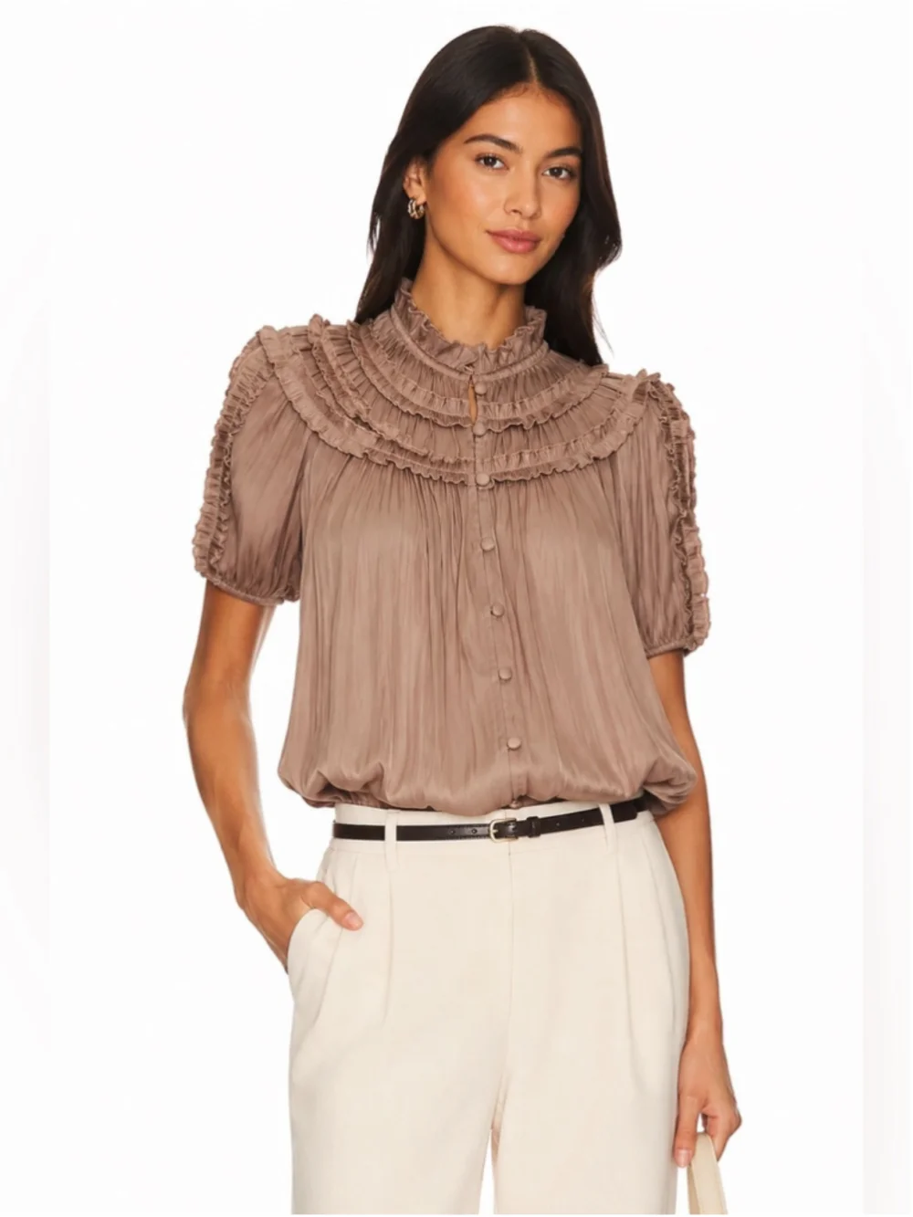 Anthropologie Pleated Ruffle Blouse – Taupe | Size Small