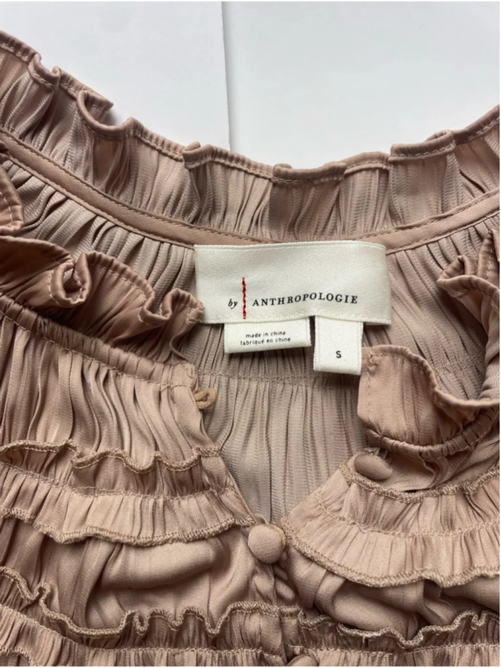 Anthropologie Pleated Ruffle Blouse – Taupe | Size Small