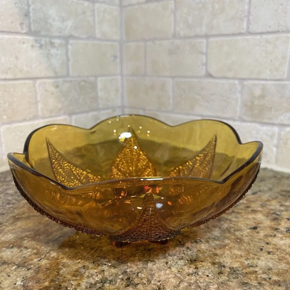 Anchor Hocking Dish Bowl 6.5x3 Inch Amber Glass Renaissance Flower Bloom Pattern