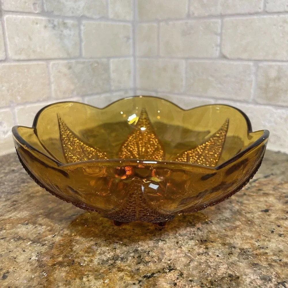 Anchor Hocking Dish Bowl 6.5x3 Inch Amber Glass Renaissance Flower Bloom Pattern