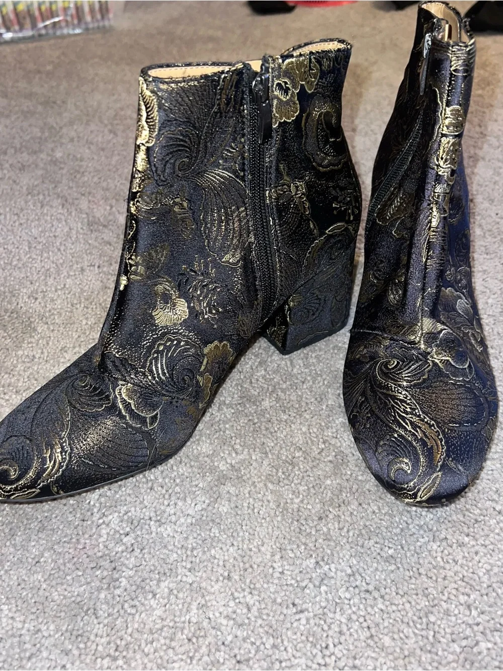 Franco Sarto Black & Gold Brocade Ankle Booties