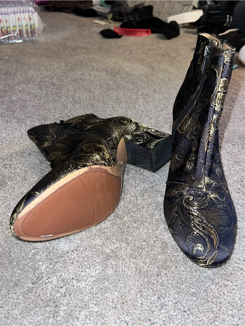 Franco Sarto Black & Gold Brocade Ankle Booties