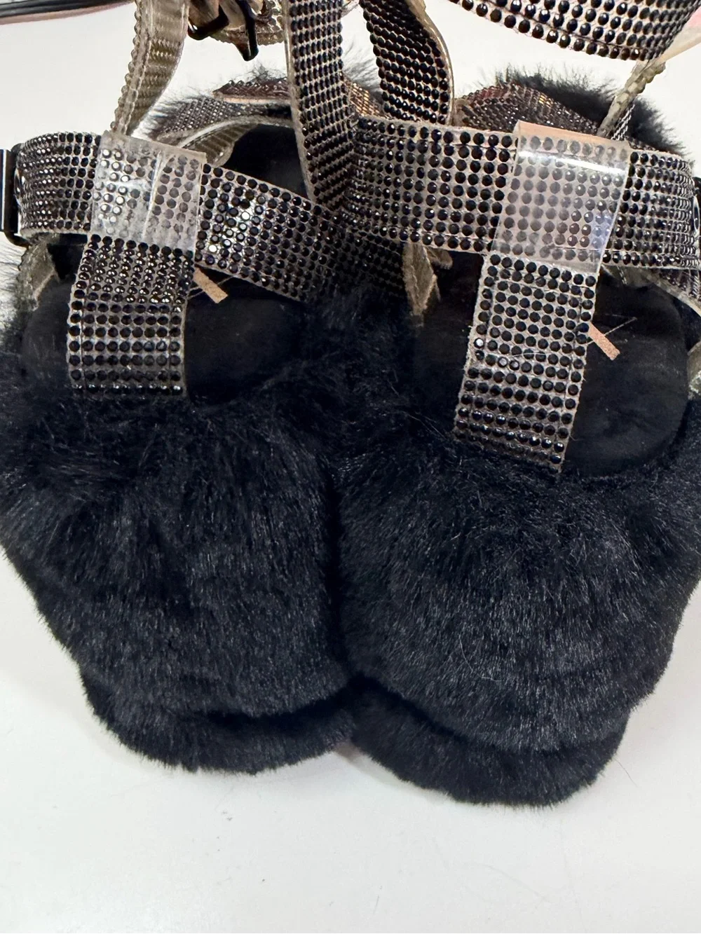 Y.R.U. X Dolls Kill Black Gravity Bling FauxFur Rhinestone Platform Sandal NWT 7