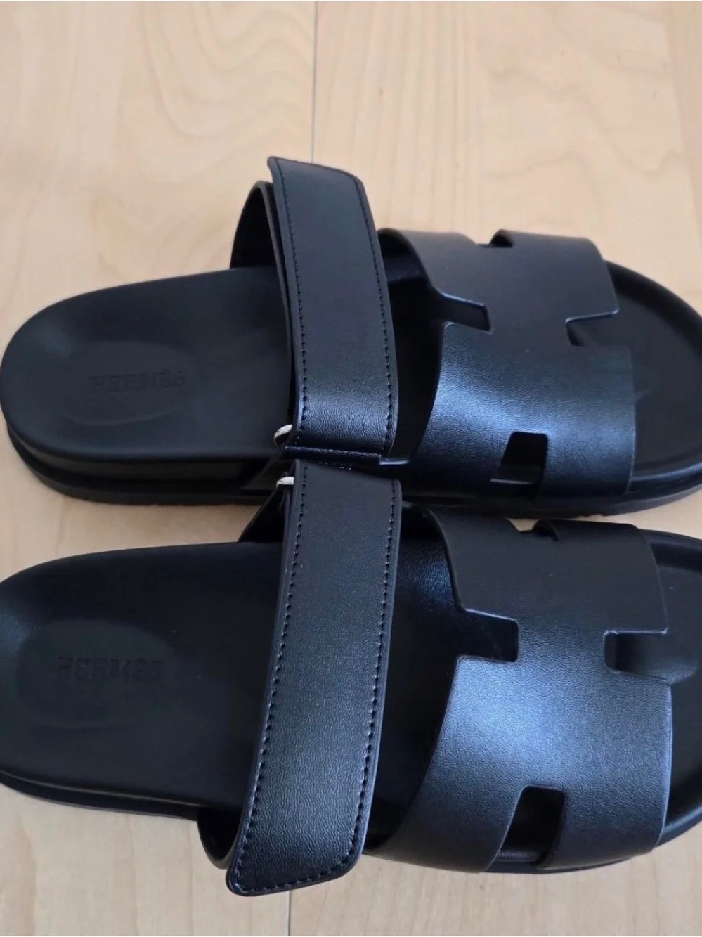 Hermes Black Men's Leather Double-Strap Slide Sandals