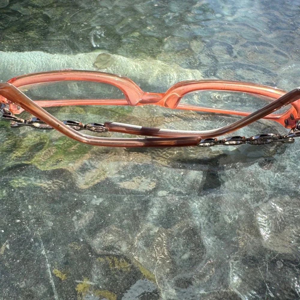 Vintage Peach Rectangular Eyeglass Frames with Rhinestone Chain‎ Link Temples