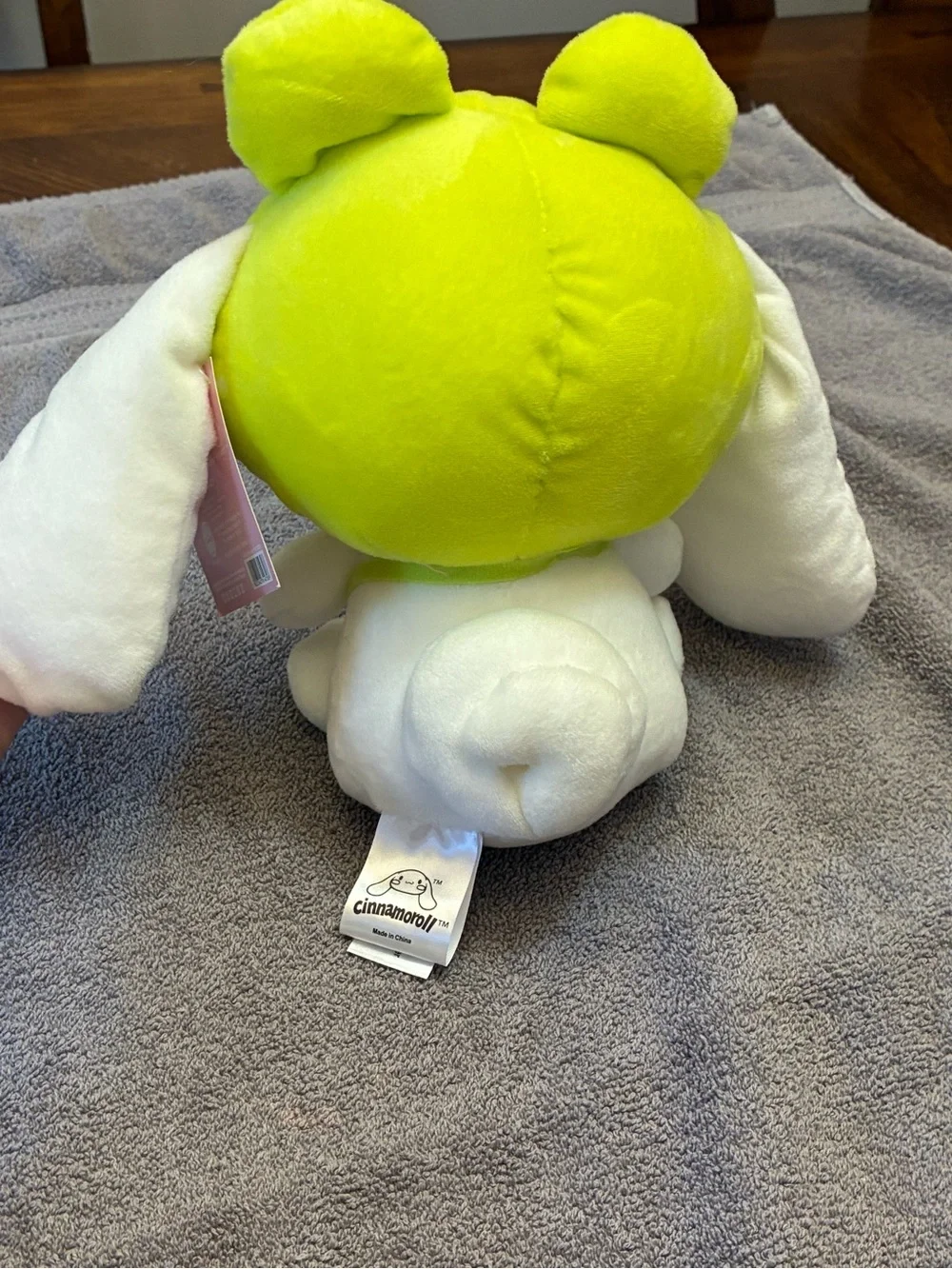 Hello Kitty Cinnamoroll Plush in Bright Lime Frog Hat with Pink Flower