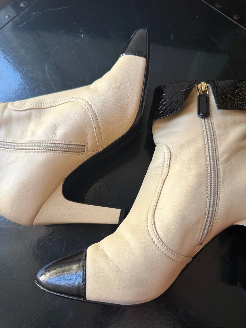 CHANEL Beige and Black Bow Accent Leather Ankle Boots