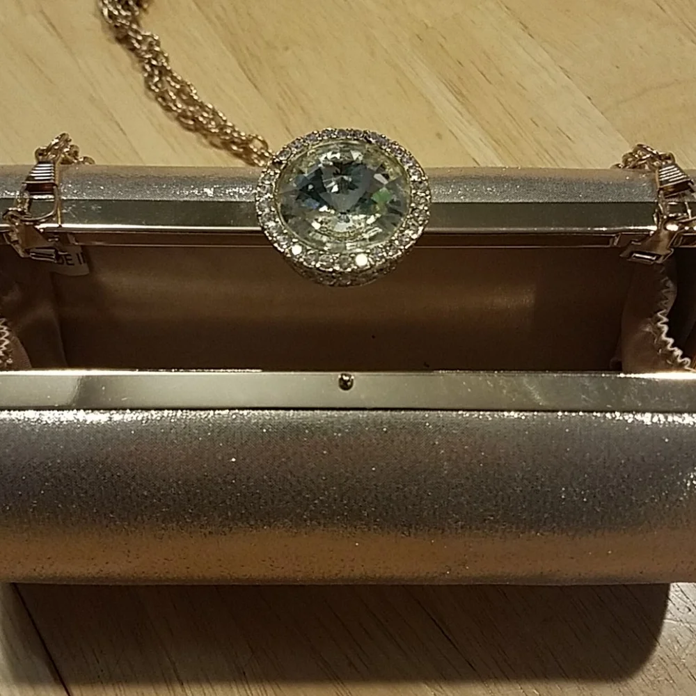 Lulu Townsend gold evening barrel crossbody clutch