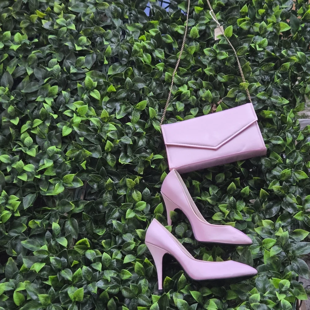 Stylish Satin Pink Handbag and Heels Set