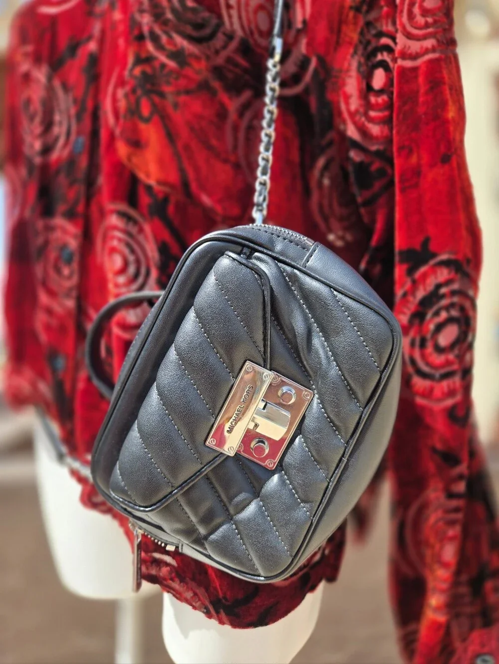 MICHAEL KORS Black Quilted Leather Crossbody with Silver Lock Closure