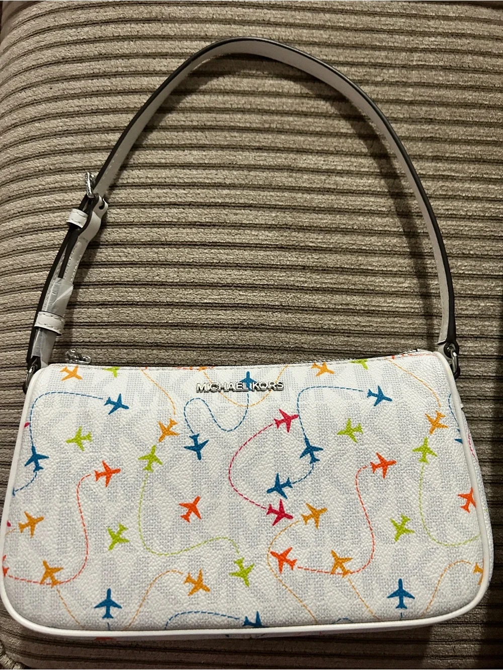 NWT Michael Kors Jet Set Medium Pochette White Airplane Print Shoulder Bag