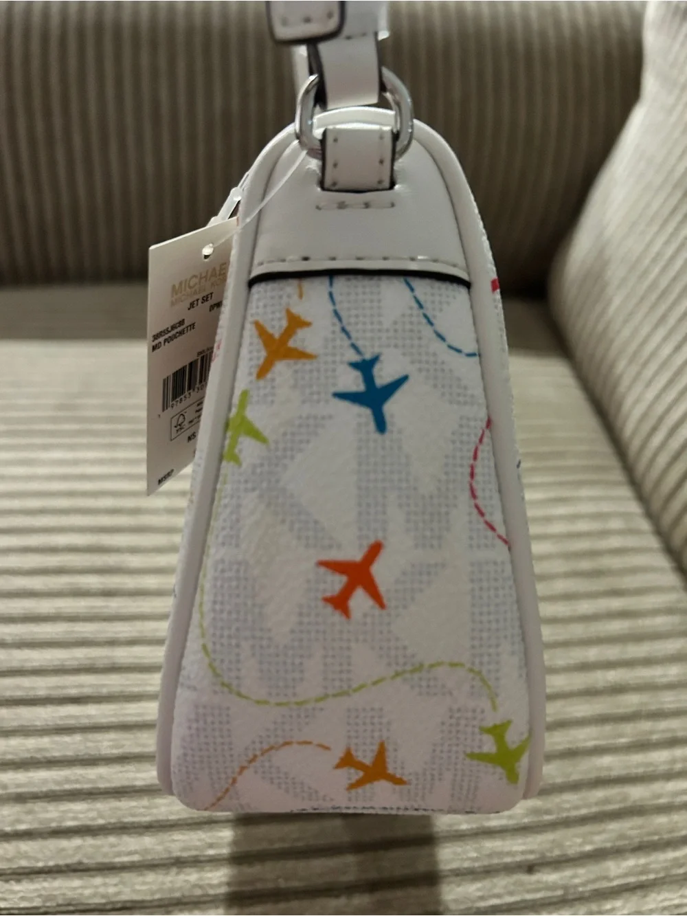 NWT Michael Kors Jet Set Medium Pochette White Airplane Print Shoulder Bag