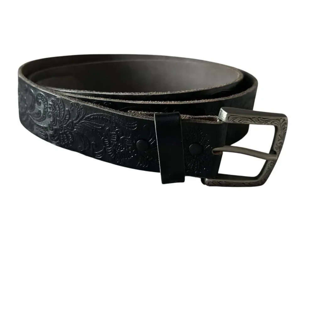 Mens Black Embossed Genuine Leather Embossed Western Inspired Belt Silver Buckle