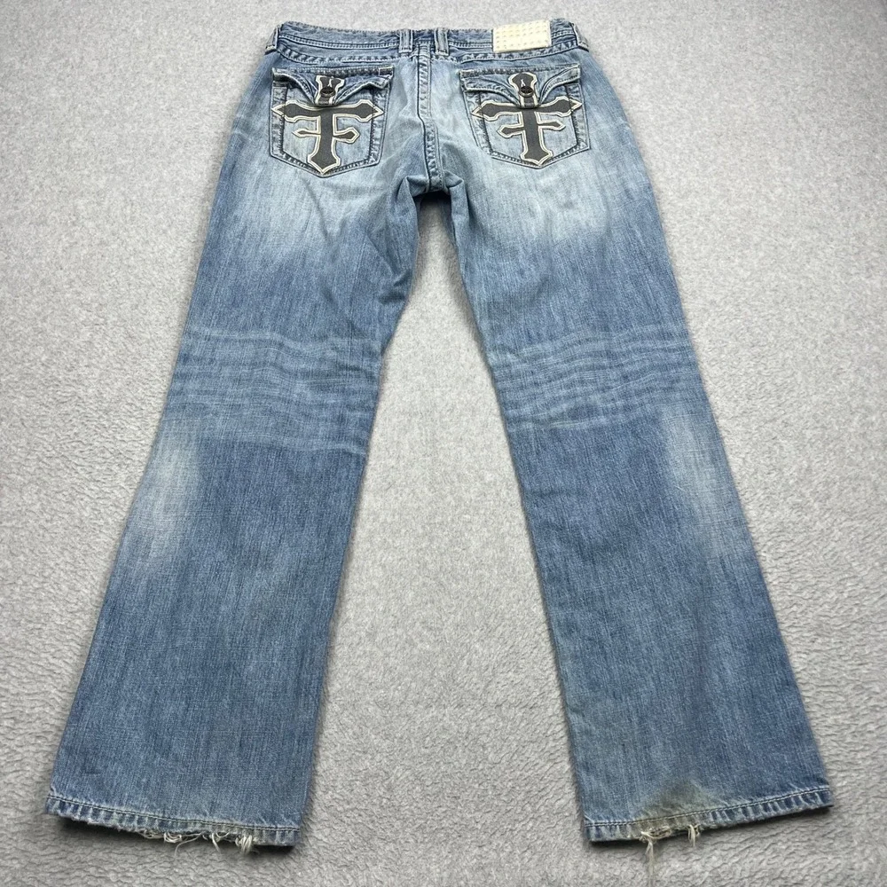 Affliction Grant Jeans Mens 34* Blue Embroidered Cross Pockets Straight Leg