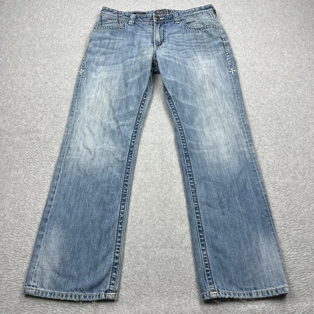 Affliction Grant Jeans Mens 34* Blue Embroidered Cross Pockets Straight Leg