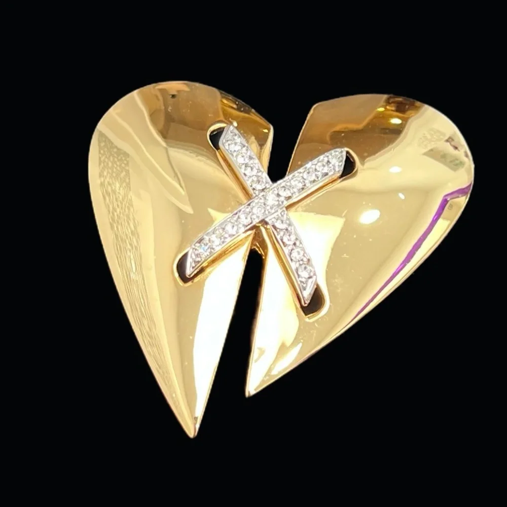 KEYES MENDED BROKEN HEART SHINY GOLD TONE BROOCH