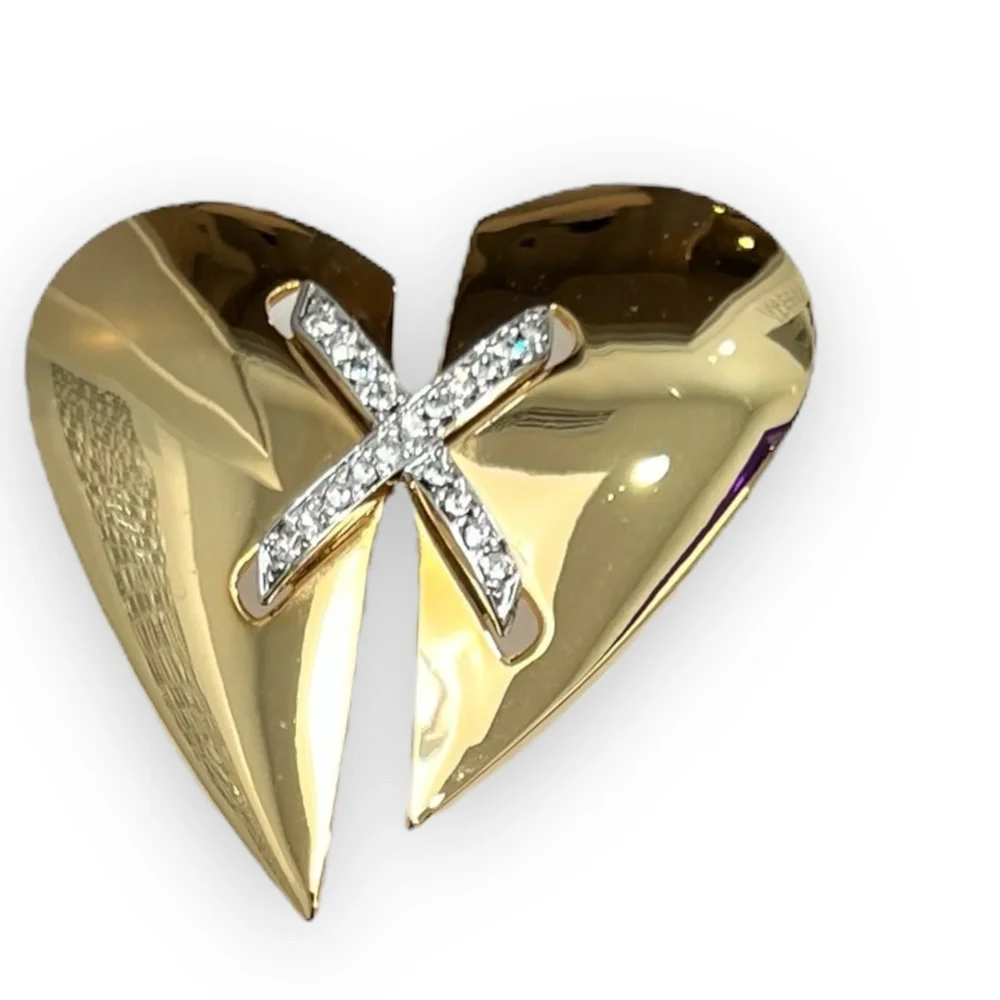 KEYES MENDED BROKEN HEART SHINY GOLD TONE BROOCH
