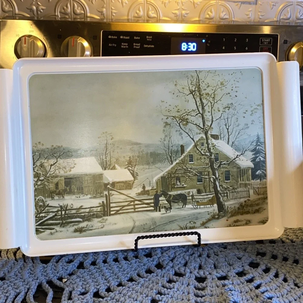 Vintage Waverly Products Winter Snow Farm Home Scene‎ White Serving Drink Tray