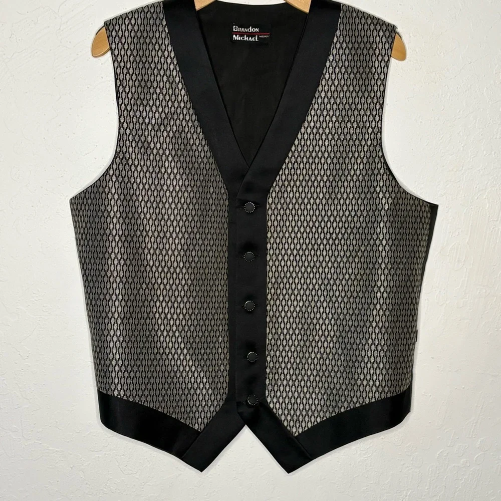 Vintage Brandon Michael Mens M Vest Silver‎ Black Geometric Prom Retro 90s 80s