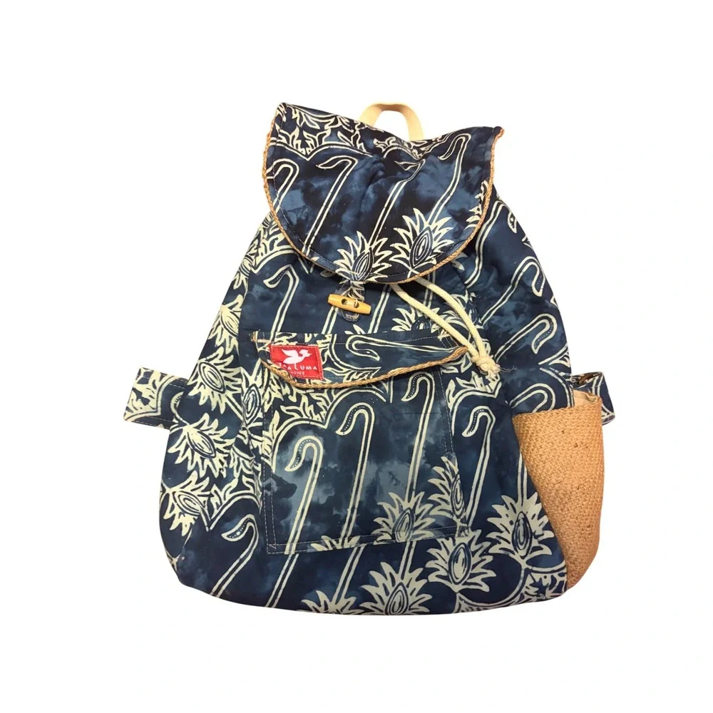 Taaluma‎ Totes Backpack Boho Blue Batik Straw Accent Drawstring Toggle OS