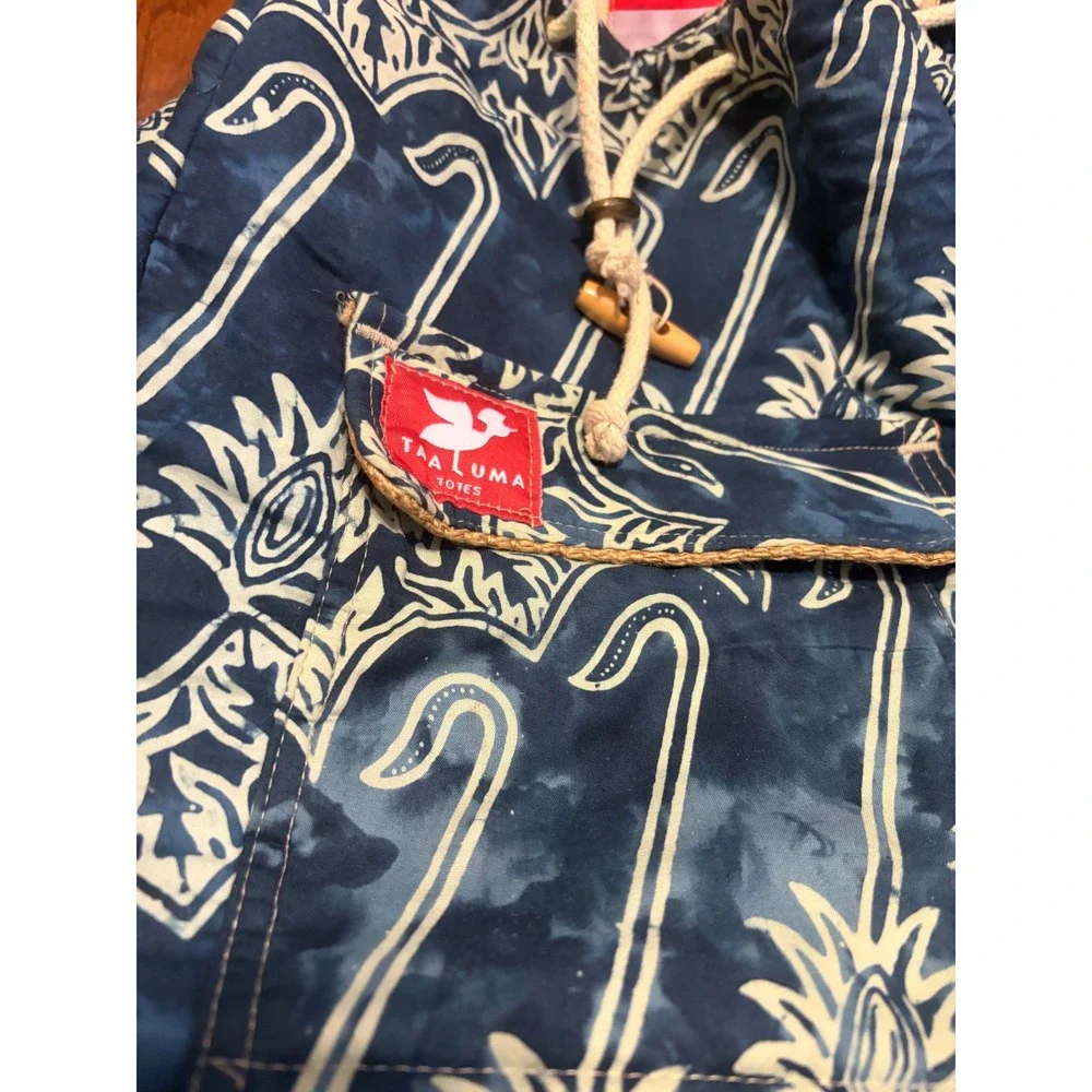 Taaluma‎ Totes Backpack Boho Blue Batik Straw Accent Drawstring Toggle OS