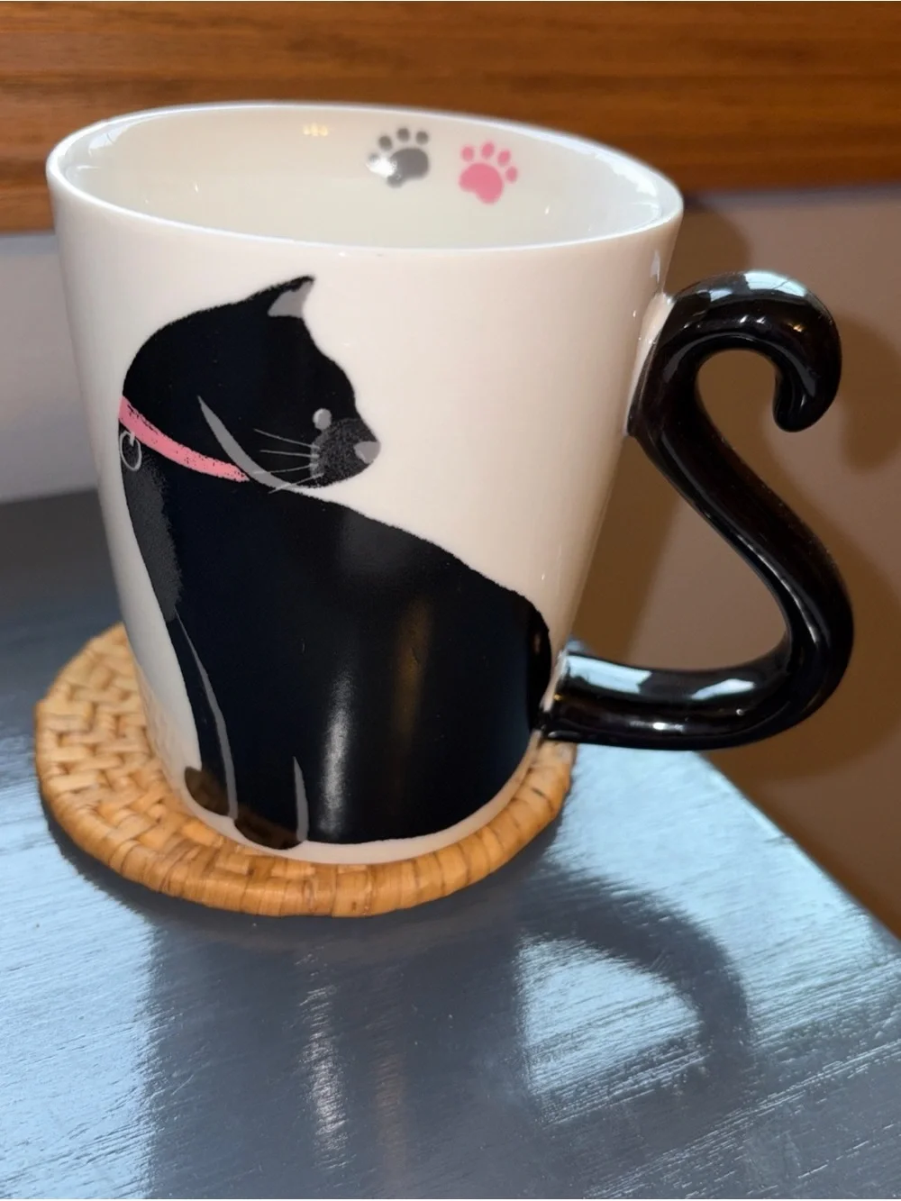 Cat Ceramic Mug with Pink Collar and Paw Accents handle cat tail