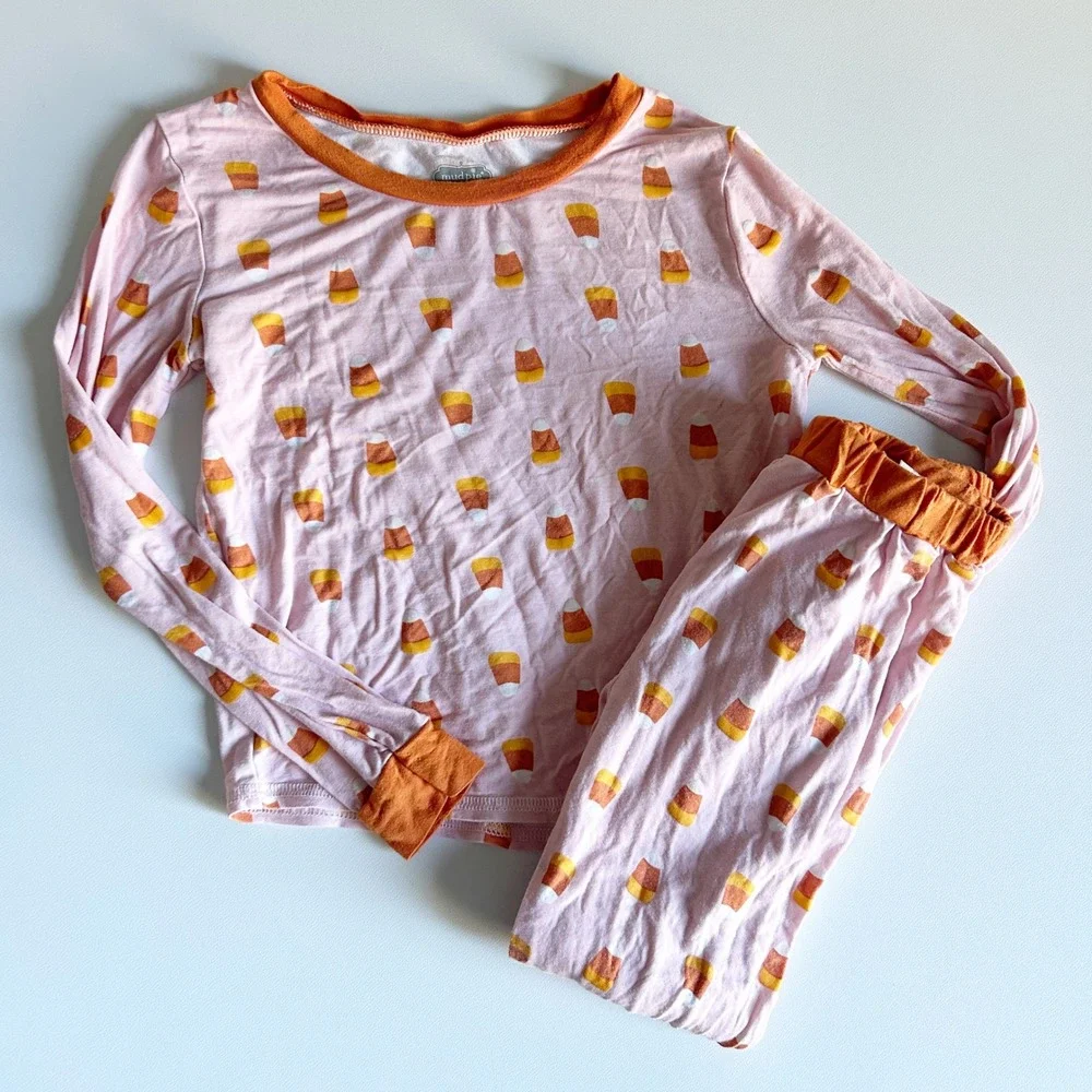 Mud Pie Kids Bamboo‎ Halloween Pajama Set Candy Corn Long Sleeve Pants Size 5T