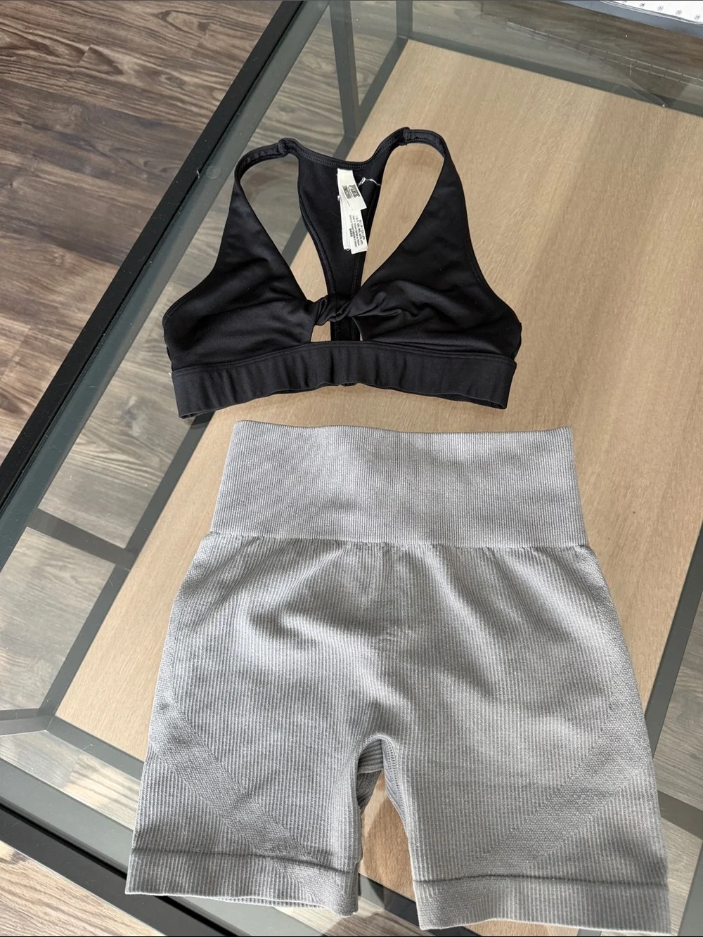 Black Racerback Sports Bra & Light Gray Ribbed Bike Shorts Set